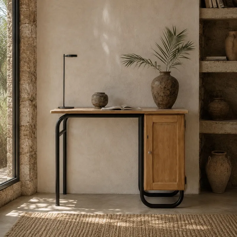 Bureau d'appoint vintage en bois brut avec pieds tubulaires en métal noir et caisson à porte - La Brocante de Paula