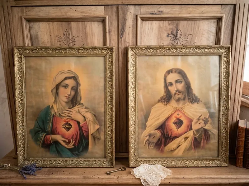 Paire de tableaux religieux anciens sous verre du Sacre-Cœur de Jesus et du Cœur Immacule de Marie dans leurs cadres dores cisele - La Brocante de Paula