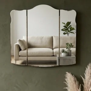 Grand Miroir Triptyque de Coiffeuse Vintage Années 50 Bords Biseautés & Lignes Libre La Brocante de PaulaDesserte Bar Vintage Italienne Années 70 Marqueterie, Laiton & Grandes Roues