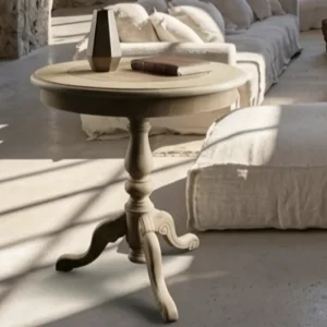 Table ronde guéridon en merisier brut et marqueterie tripode restauré - La Brocante de Paula