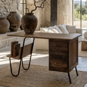 Bureau vintage en bois massif avec caisson de tiroirs et piétement en métal noir style compas - La Brocante de Paula