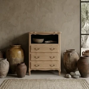 Chiffonnière style Louis XV en bois brut avec niche peinte en noir mat