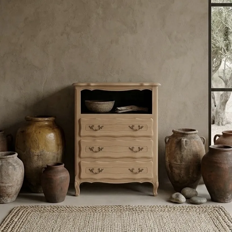 Chiffonnière style Louis XV en bois brut avec niche peinte en noir mat